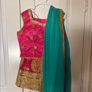 Pink and Gold Traditional Outfit with Teal Dupatta